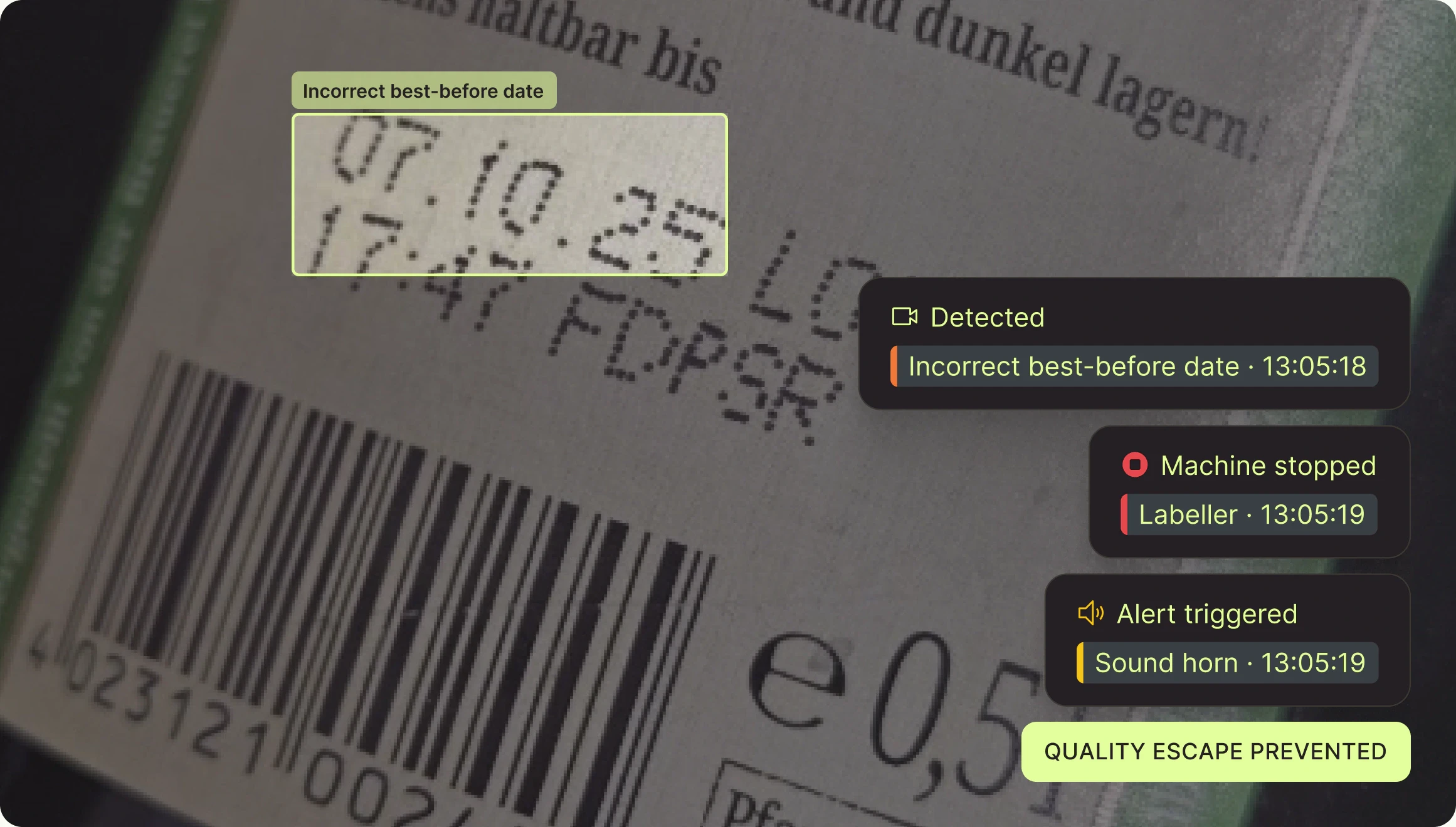 Incorrect best-before date detected: labeller stopped, horn sounded, quality escape prevented