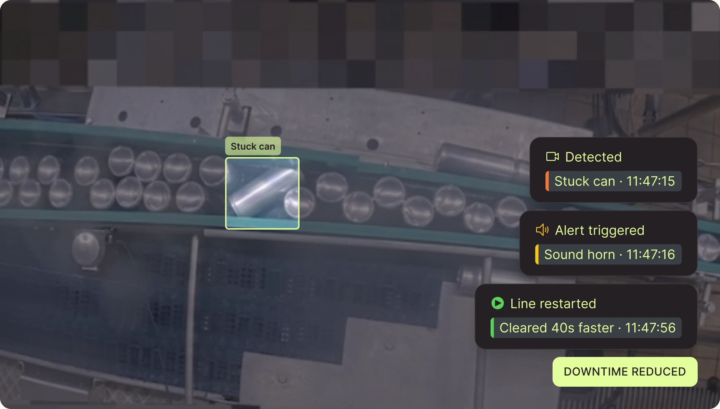 Stuck can detected on the can conveyor: horn sounded, line cleared 40 s faster, downtime reduced