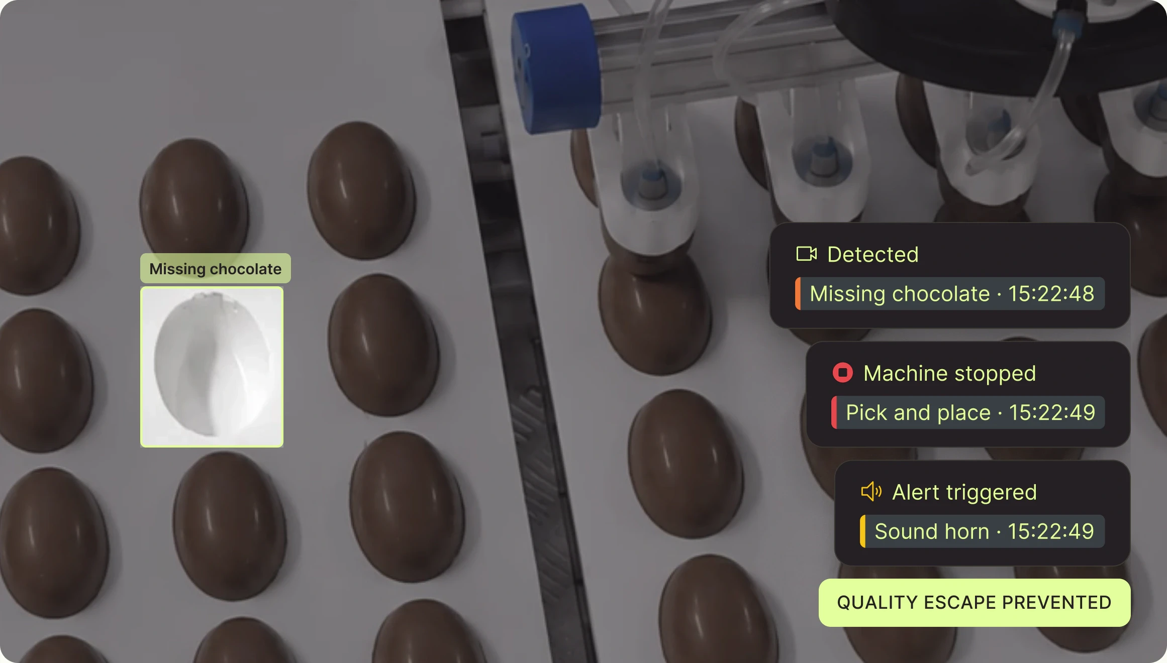 Missing chocolate detected in the tray: pick and place stopped, horn sounded, quality escape prevented