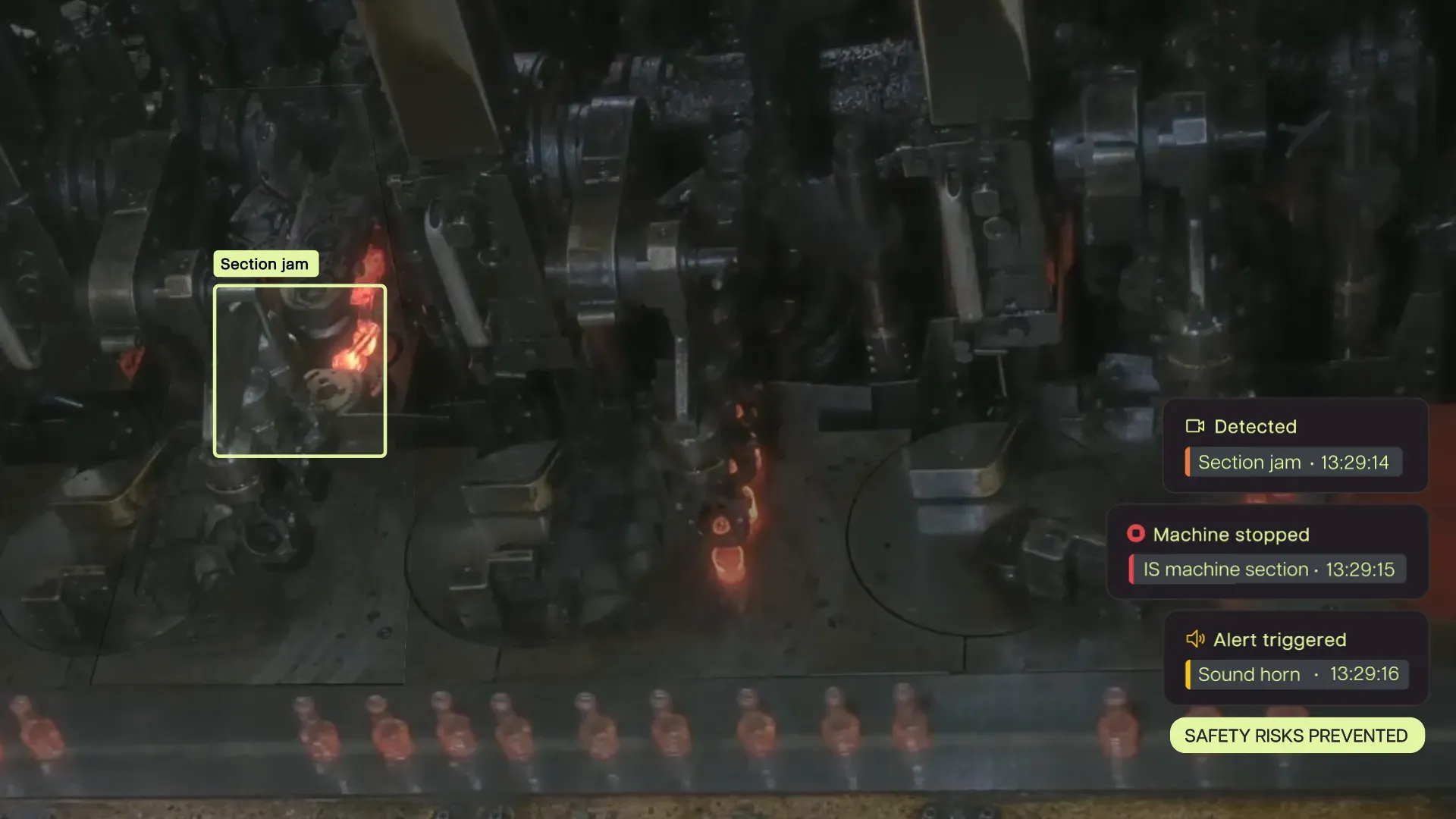 Section jam detected at an IS machine section, which is stopped to prevent safety risks