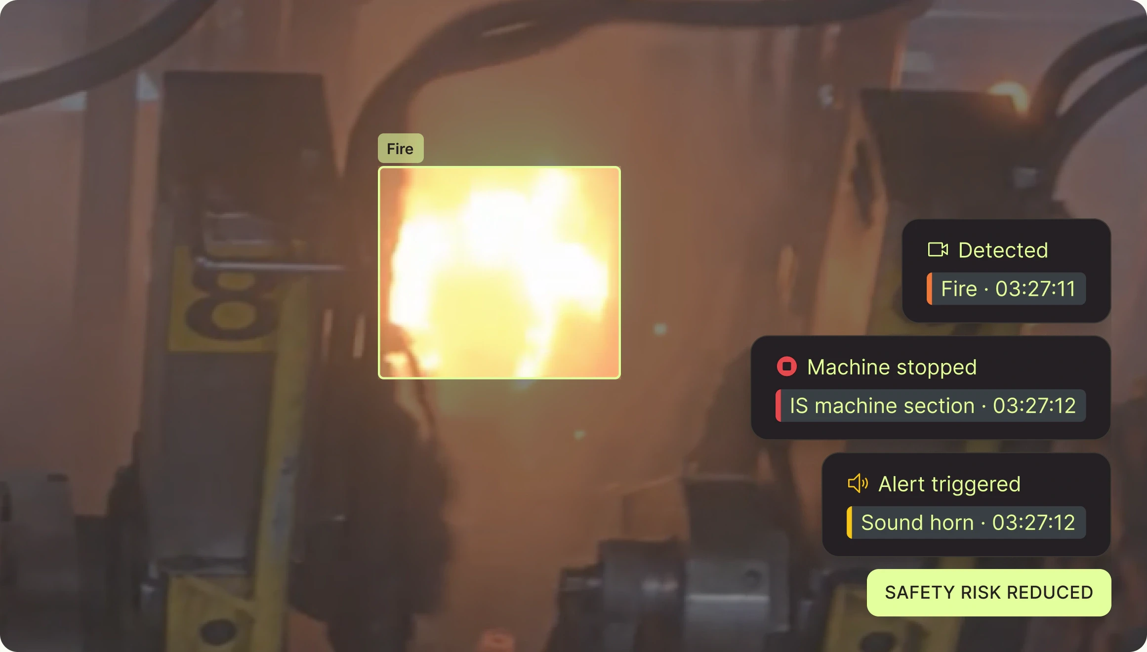 Fire detected at an IS machine section: section stopped, horn sounded, safety risk reduced